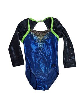 GK Competition Leotard Size SM Child Medium Blue Black Lime Green 3/4 Sleeve